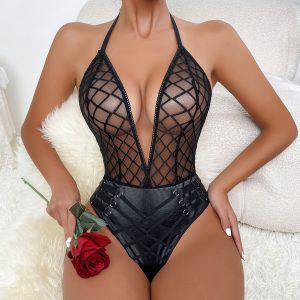 Patent leather and mesh deep V jumpsuit