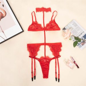 Sexy neck hanging one-piece three-point sex suit - red, XXL