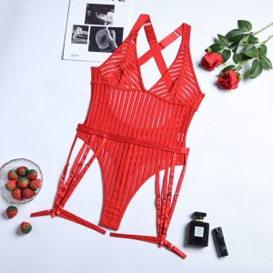Mesh striped garter belt jumpsuit set - red, L