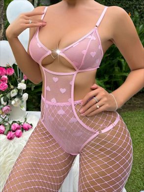 Mesh heart print jumpsuit - Pink, XL