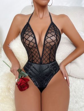 Patent leather and mesh deep V jumpsuit - black, XXL