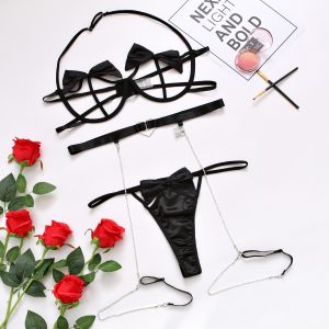 Three-point butterfly knot garter sexy suit - black, S