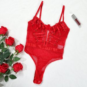 Lace mesh hollow jumpsuit - red, XXL