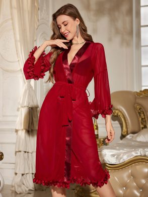 See-through lace maxi dress set - claret, XXL
